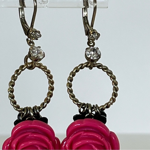 Vintage Betsey Johnson Pink Rose Dangle Earrings - Picture 6 of 10
